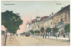 Szatmárnémeti, Szatmár, Satu Mare; Deák tér, villamos, üzletek. Vasúti levelezőlapárusítás 5878. / square, tram, shops (EK)