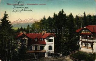 1913 Lucsivna, Lautschburg, Lucivná (Magas-Tátra, Vysoké Tatry); Lucsivnafüred a Krivánnal, Neptun nyaraló a Bazárral és fürdő vendéglővel, étterem. Feitzinger Ede No. 401. / Bad Lucsivna m. d. Krivan, Villa Neptun m. Bazar u. Kur-Restauration / spa resort, hotel, villa, bazaar shop, restaurant (Rb)