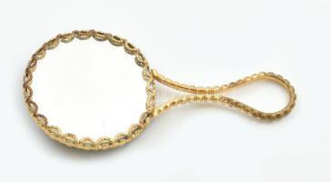 Limoges kézi tükör, aranyszínű fém keret, kobaltkék alapon arany mintás, udvarlási jelenetet ábrázoló porcelán betéttel. Matricás, jelzett, kis kopás/ragasztásnyomokkal, 12x5,5 cm