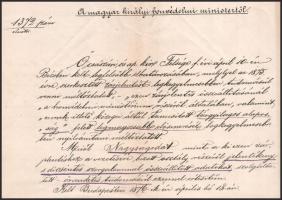 1876 Békey István miniszteri osztálytanácsos, a IV. ügyosztály vezetője részére szóló elismerési ért...
