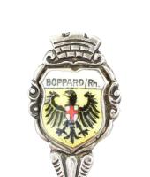 Ezüst (Ag) német díszkanál, Boppard város címerével. Jelzett (800), bruttó: 7,1 g, h: 10 cm