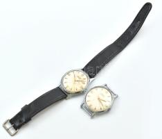 2 db Doxa Anti-Magnetic vintage kézi felhúzós karóra, az egyik jó állapotú számlappal, kissé karcos üveggel, szíj nélkül; a másik foltos számlappal, kissé oxidált tokkal, bőr szíjjal. Sorszámozottak, nem járnak. d: 33 mm