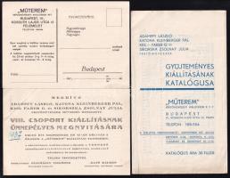1937 Ádámffy László, Katona Kleinberger Pál, Keil-Faber G. (Gizella) és Sikorska Zsolnay Júlia festőművészek gyűjteményes kiállításának katalógusa. Műterem Képzőművészeti Kiállítások Kft. Kihajtható prospektus műtárgyjegyzékkel. + 2 db meghívó a kiállításra