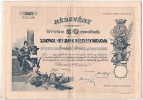 Szarvas 1927. Szarvasi Hitelbank Részvénytársaság részvénye 50P-ről szárazpecséttel, szelvényekkel T:F