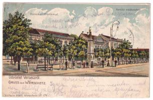 1905 Versec, Werschetz, Vrsac; Honvéd-Denkmal / Honvéd emlékmű, Hotel Milleker szálloda. Wilhelm Wettl No. 124. / Hungarian military monument, hotel. Art Nouveau, litho (r)