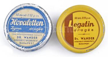 Dr. Wander Gyógyszer- és Tápszergyár Rt. Legatin és Hovaletten fém doboz, kopásnyomokkal, d: 5 cm