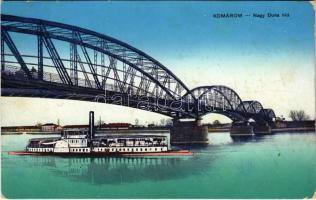 1921 Komárom, Komárno; Nagy Duna híd, gőzhajó / bridge, steamship (EK)