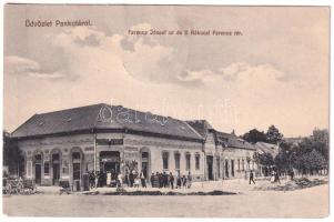 1916 Pankota, Pancota; Ferenc József út és II. Rákóczi Ferenc tér, Menczer A. Adolf üzlete és saját kiadása / street view, square, publishers shop (EM)