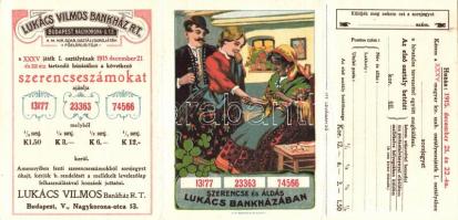 1915 Lukács Vilmos Bankház Rt. Osztálysorsjáték litho reklám levelezőlap 3 részes / Lottery commercial PC