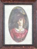 Olvashatatlan jelzéssel: Kalapos hölgy portréja. Akvarell, papír. Üvegezett fakeretben. 15,5x9 cm.