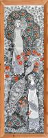 Vén Edit (1937-): Lányok pávával. Zománcfesték, csempe, jelzett, hátoldalán Vén Edit autográf ajándékozási soraival és Iparművészeti Vállalat címkéjével. Fakeretben, 45x15 cm