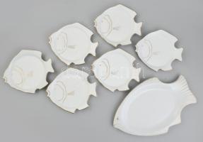 Izraeli porcelán halas tányér készlet. Fehér mázas, aranyozott, jelzett, kis kopással Nagy tál 34 cm