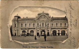 Torda, Turda; Posta és Pénzügyi palota, Flachbart Károly üzlete, Mike Márton gyógyszertára, Bethlemi műmalom lisztraktára / post office, financial palace, pharmacy, shops (kis szakadás / small tear)