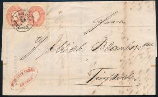 1863 2 x 5kr levélen (hajtottak) / on cover (folded) "ESSEGG / OBERSTADT" - Fünfkirchen