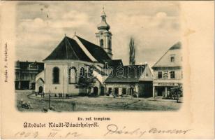 1903 Kézdivásárhely, Targu Secuiesc; Református templom, Jancsó F. Lajos és Jancsó Mózes üzlete. Bogdán F. fényképész / street view with the Calvinist church and shops (vágott / cut)