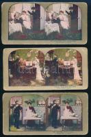 cca 1890-1900 Humoros angol életképek, 3 db színezett keményhátú sztereofotó, kissé viseltes állapotban, 8,5x18 cm