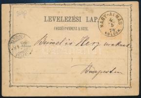 1874 2kr díjjegyes levelezőlap / PS-card "NAGY-ALMÁS / KOLOS M."