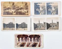 cca 1880-1900 Európai helyszínek (Bécs, Róma, Mostar, Franciaország), 5 db keményhátú sztereofotó, közte egy színezett, 9x18 cm