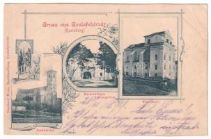 1899 (Vorläufer) Gyulafehérvár, Karlsburg, Alba Iulia; Csillagda (csillagvizsgáló), Hátulsó várkapu, Római katolikus székesegyház. Bernhard Weiss kiadása / observatory, castle gate, cathedral. Art Nouveau, floral (vágott / cut)