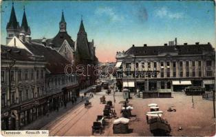 1918 Temesvár, Timisoara; Kossuth tér, piac, Szobovich üzlete, villamos / square, market, shops, tram (szakadás / tear)