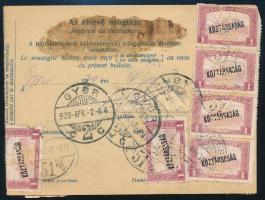 1920 Csomagszállító 11 db M.F. perfin bélyeggel / Parcel card with perfin stamps