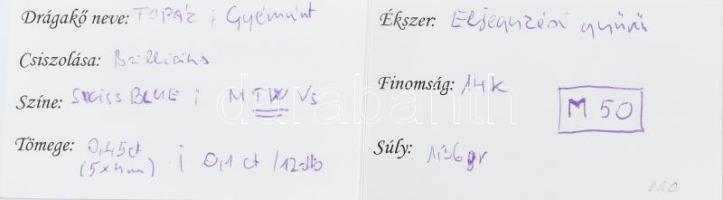 14k fehérarany (Au) eljegyzési gyűrű 0,45ct topázzal és 0,1ct gyémánttal 1,36 g M: 50 tanúsítvánnyal