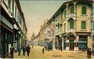 Nagyvárad, Oradea; Rákóczi út, Szép Imre, Ausländer S. üzlete / palace, shops (EK)