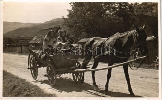 Erdélyi folklór, asszonyok lovas szekéren / Transylvanian folklore, horse-drawn cart. photo (ragasztónyom / glue marks)