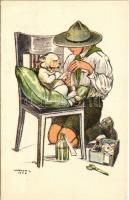 A cserkész, ahol tud, segít. Kiadja a Magyar Cserkészszövetség Nagytábortanácsa 1926 / Hungarian boy scout art postcarrd s: Márton L. (EK)