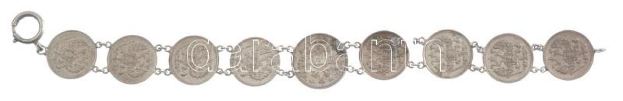 Orosz Birodalom 1913-1914. 10k Ag (8x) + 1914. 15k Ag fülekkel karkötővé alakítva, az egyik fül letö...