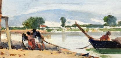 Pörge Gergely (1858-1930): Duna mentén. Olaj, falemez. Jelezve jobbra lent. Hátoldalán autográf feli...