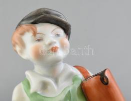 Herendi csizmás fiú, kézzel festett, jelzett, kopásokkal, m: 20 cm