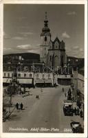 Neunkirchen, Adolf Hitler Platz, Joh. Paur / square, shops, autobus, automobile, Trinity statue