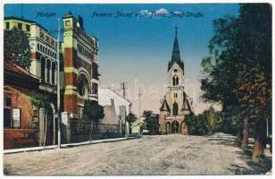 Pöstyén, Piestany; Ferenc József út, zsinagóga, templom / street, synagogue, church (kopott sarok / worn corner)