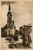 1956 Kolozsvár, Cluj; Piata Gh. Dimitrov / tér és Ferenciek temploma, Ínség szobor / church, square, statue