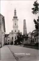 Kolozsvár, Cluj; tér és Ferenciek temploma, Ínség szobor. Kovács Géza üzlete / church, square, statue, shop. photo (ragasztónyom / gluemark)