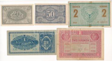 1914. 2K "C" + 1917. 2K + 1920. 20f + 50f + 1K T:AU-F szakadás, ragasztásnyom