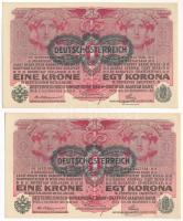 1916. 1K zöld DEUTSCHÖSTERREICH felülbélyegzéssel (2x) sorszámkövetők T:I- Hungary 1916. 1 Krone with green DEUTSCHÖSTERREICH overprint (2x) consecutive serials C:AU Adamo K3B