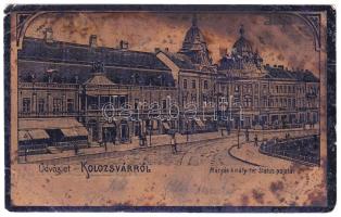 1901 Kolozsvár, Cluj; Mátyás király tér, Státus palota, Jeney, Reményik üzlete. Szecessziós fóliás hatású képeslap / square, palace, shops. Art Nouveau metallic foil postcard (fl)