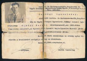 1946 Bp., Sertés- és Marhakereskedők, Tenyésztők és Vágók Országos Egyesülete (SERMA) tagsági igazolvány, fényképes, sérült állapotban