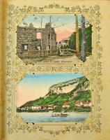 100 db RÉGI "Gruss aus" képeslap szecessziós albumban, lithokkal, külföldi városok és motí...
