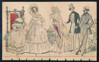 Moden Z. 1838., XIX. századi divatillusztráció, színezett rézmetszet, papír, kis lapszéli szakadásokkal, hajtott, 26,5x16,5 cm