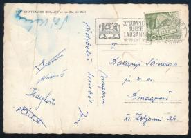 1955 A magyar Aranycsapat néhány labdarúgój által aláírt képeslap Svájcból Kocsis, Kovács, III, Hidegkuti, ... / 1955 Autograph signatures of Hungarian football players