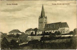 1917 Nagysink, Gross-Schenk, Cincul Mare; Evang. Kirche und Schule / Evangélikus templom és iskola. Gustav Salmen kiadása / Lutheran church and school (Rb)