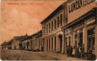 Borgóprund, Borgó-Prund, Prundu Bargaului; Fő utca, Luncan szálloda, Sajovics Izidor üzlete és saját kiadása / Strada principala / main street, hotel, shops (Rb)