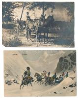 8 db régi képeslap: lovas hintó és kocsik és trojka / 8 pre-1945 postcards: horse chariots and carts...