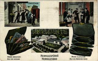 1923 Herkulesfürdő, Herkulesbad, Baile Herculane; Érkezéskor és induláskor, humoros lap pénztárcával / On arrival and departure, humour with wallets (r)