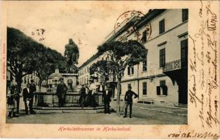 1901 Herkulesfürdő, Herkulesbad, Baile Herculane; Herkules kút és szobor. Hutterer G. kiadása / fountain, street view (fl)