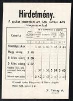 1920 Magyar Cukorgyárak Országos Egyesületének Hirdetménye cukorszállítányok biztosításáról
