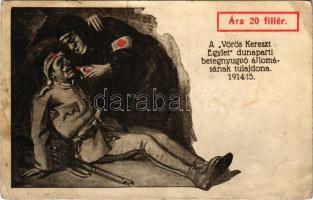 1915 Vöröskeresztes propaganda lap katonával és nővérrel. A Vörös Kereszt Egylet dunaparti betegnyugvó állomásának tulajdona / WWI Red Cross propaganda, nurse with soldier s: Földes (szakadás / tear)